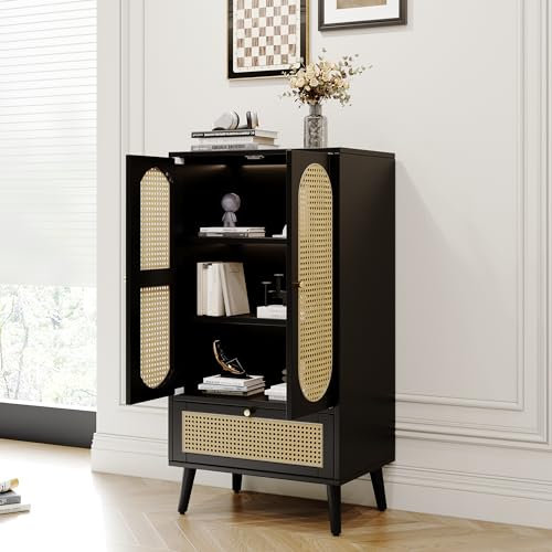 MURUL Kompaktes Sideboard, Rattan-Design, Schwarz, 2 Türen, 1 Schublade, Highboard, Vielseitige Aufbewahrungslösungen, Esszimmerschrank, Bücherregal