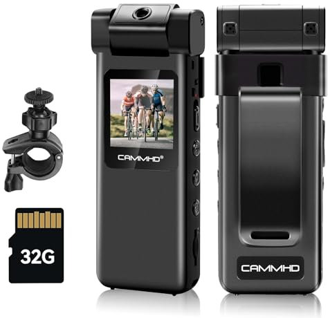 CAMMHD V1-32G Body Cam mit 180° drehbarem Objektiv, HD 1080P Bodycam mit Rückclip, Bewegungserkennung und 1,3-Zoll-Farbbildschirm, tragbarer Körperkamera für Outdoor-Sport/Radfahren/Polizei