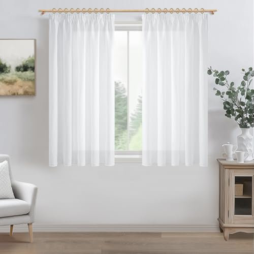 MRTREES Tende Corte Lino per Interni con Fettuccia Finestre Camera da Letto Moderna 2 Pezzi 140x145 CM, Tenda Corta Semioscuranti Bianca Tende Bianche per Casa Soggiorno Salotto