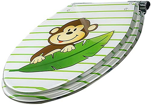 Ovaler WC-Sitz aus Kunstharz mit Edelstahl-Scharnier, Schnellverschluss-Deckel, umweltfreundlich, mehrere Farben erhältlich, Affen-Design