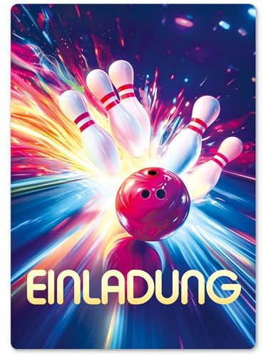 beriluDesign Bowling Einladungskarten (12er Set) zum Kindergeburtstag Kegeln Kinder Geburtstag-Einladungen Karten Feier Party Jungen Mädchen (Bowling Bunt)