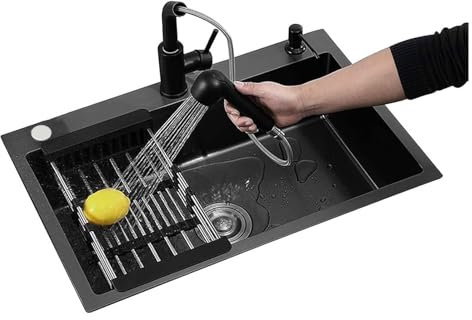 Fregadero de cocina en cascada de acero inoxidable, 45 x 40 x 20 cm, lavabo hecho a mano con 7 accesorios, color negro, 3 mm de grosor