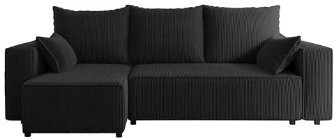 4ALL HOME Ecksofa mit Schlaffunktion Tobi 246x145 cm - Couch - Sofa mit Bettkasten - Eckcouch - L-Form - Schlaffsofa - Schlafsofa mit Bettkasten - Universal (Cord Poso 135 Schwarz)