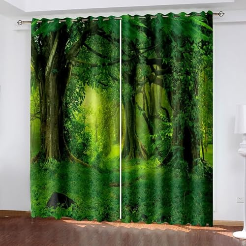 AMDXD Blickdichte Vorhänge mit Ösen Gardinen, weiche Schiebevorhänge mit Baum Dschungel Muster, Ösenvorhang für Schlafzimmer Wohnzimmer Grün B107 x H160 cm/Pcs (2er Pack)