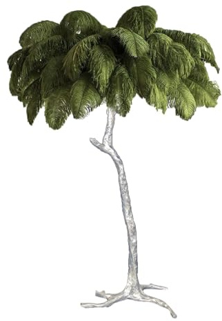 ANram Ostrich Feather Floor Lamp, Silver Resin Base, 3 Colours Dimmable, LED E14 Bulb, Foot Switch,Dark Green,60x55cm/24x22in (desk lamp)