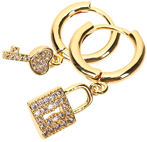 Padlock and Key Dangle Earrings 1 Pair Copper Gold for Women | Asymmetric Statement Jewelry, Trendy Style for Parties and Special Occasion, Comfortable Wear