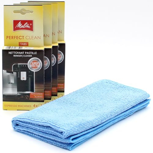 16 Reinigungstabs für Kaffeevollautomaten + Mikrofasertuch kompatibel mit Melitta Perfect Clean, 16 Tabs x 1,8 g - Reinigungstabletten für Espresso-Maschinen, Vollautomat, Kaffeemaschine, Zubehör
