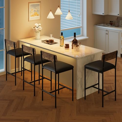 GarveeHome Barhocker 4er Set, 64cm Hohe Küchenhocker mit Rückenlehne & Fußstütze & Gepolsterter, Bistrohocker, Barstühle aus Kunstleder Metall Gut Gepolsterte Sitzfläche für Bar Theke Café, Vintage