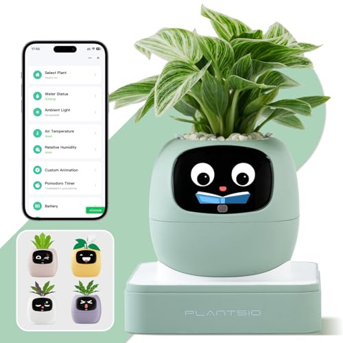 Smart Plant Pot with Visual Display – Soil Moisture, Water Level, Light & Battery Monitor, 80ml Self-Watering Reservoir, Supports 100+ Plants, Pomodoro Timer, Clock & Calendar-Green