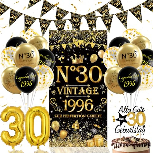 yosiio 30 Geburtstag Deko Geburtstagsdeko Frau Männer Vintage 1996 Banner | Schwarz Gold Luftballons, 30. Geburtstag Party Deko Set