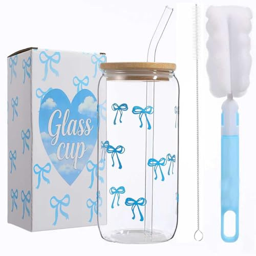 Toumdafine Bow Glass Cup Set with Brushes, Bow Iced Coffee Glass Cups with Lids and Straws, 16 oz Bow Mug Aesthetic Cups, Blue Cute Glass Cups for Girls, for Women, Friends