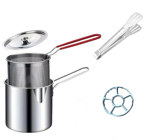 Mini freidora profunda, olla de freidora de acero inoxidable,con Colador Tapa y Clip, Cazo para Freir Pequeña Multifuncional con Mango Largo para Patatas Fritas, Pescado, Pollo
