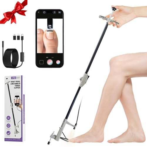 Zozen Long Handled Toenail Clippers with HD Endoscope&LED Light, Aluminum | 81cm Foldable, Adjustable Support Leg, Stainless Steel Blade for Thick Nails, for Seniors, Overweight, Arthritis Users