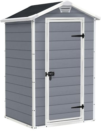 FRANKYSTAR® Manor 4x3 - Casetta da Giardino 129x196x103 cm 1 Anta per deposito attrezzi fini-tura effetto legno graffiato in Resina Grigio