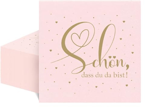 50 Servietten Schön dass du da bist mit Gold, Servietten Sprüche, Rosa, Hochzeit, Babyparty, Geburtstag, Einweg-Partyservietten, Tischdeko, 2 ply, 33x33cm, Hergestellt in der EU