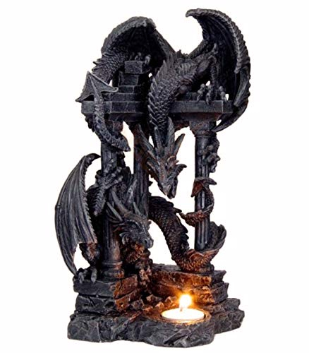 Vogler 766-3679 Großer Teelichthalter mit 2 Drachen und 3 Säulen 30 cm Figur Teelicht Mehrfarbig
