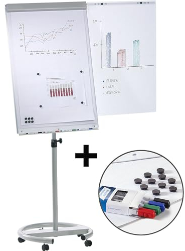 kaiserkraft | Flipchart-Set inkl Zubehör | höhenverstellbar | 1700-2000 mm | mit stabilem Rundfuß Ø 640 mm | 5 Lenkrollen