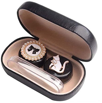 Rain House Cute Contact Lens Cases, Cat Contact Lens Soak Storage Box, Portable Pink Contact Lens Holder with Tweezers for Travel Kit (Black Case Cat)