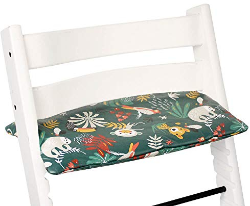 Ukje Kissen kompatibel mit Stokke Tripp Trapp - Kissen für Hochstuhl, Babysitz-Polsterung, Hochstuhl-Zubehör, Sitzbezug, Beschichteter Stoff, Stilvolle Muster (1 Stück, Grüner Affe)