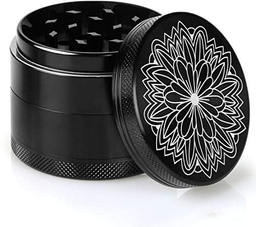 DCOU Premium Aluminium Herb Grinder 2.2 Inches 4 Piece Metal Grinder with Pollen Catcher with Laser Flower Pattern (Black)