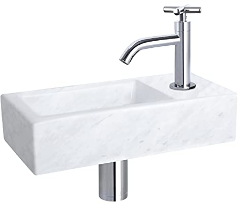 Differnz Helios Waschbecken - Waschtisch Weißer Marmor - Gebogener Wasserhahn mit Kreuzgriff Chrom - Komplettset - 37,5 x 18,5 x 9 cm