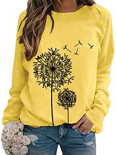 Dresswel Women Dandelion Print Sweatshirt Crew Neck Long Sleeve Tops Basic Jumper Tunic Blouse Shirts