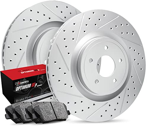 R1 Concepts Bremssatz hinten passend für Genesis G70 2019–2022 | 2018-2022 Kia Stinger | Optimum Oep Bremsbeläge und gebohrte Schlitz-Carbon Bremsrotoren | 34 cm hinten