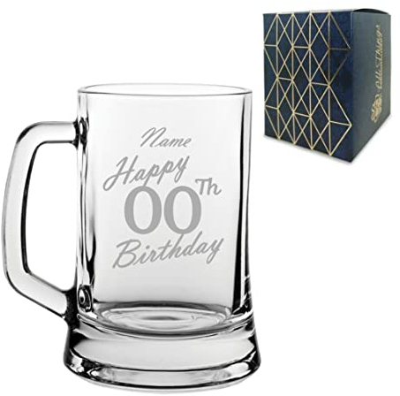 Personalised Engraved Tankard Beer Mug Stein Happy 20,30,40,50... Birthday Handwritten Design, 16.75oz/495ml Classic Beer Glass, Any Name, Engraved in The UK
