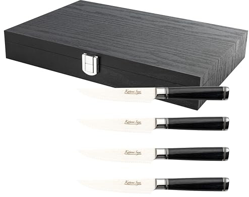 Katana Saya Pakkawood 4 Piece Steak Knife Set, 4X 9cm Serrated Steak Knives, Japanese 67-Layer VG-10 Damascus Stainless Steel, Black Pakkawood Handle, Kitchen Knife