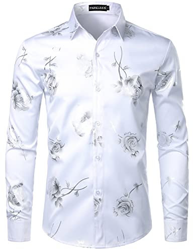 PARKLEES Chemise hipster à manches longues pour homme avec imprimé rose doré, Zzcl22-blanc argent, S