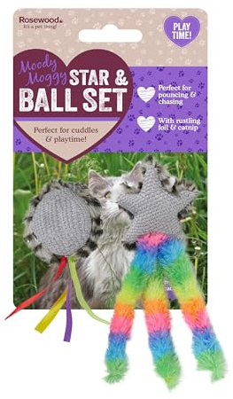 Rosewood Moody Moggy Star & Ball Cat Toy Set - Engaging Interactive Toys With Catnip For Fun Play & Exercise