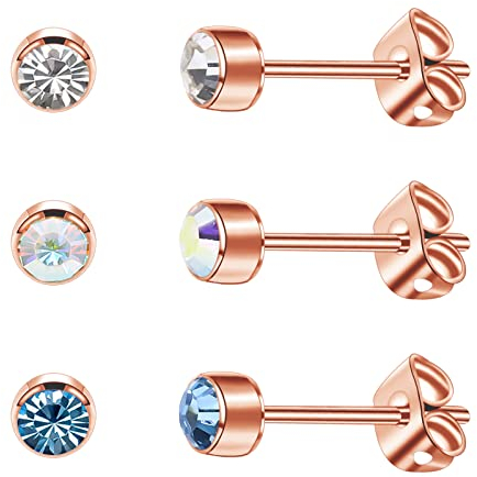 Artskin Damen Ohrstecker Titan Mädchen Ohrringe Hypoallergen Kristall Herren Ohrringe 5mm Roségold Geburtstags geschenke (5mm, Rose Gold(001+AB+202))