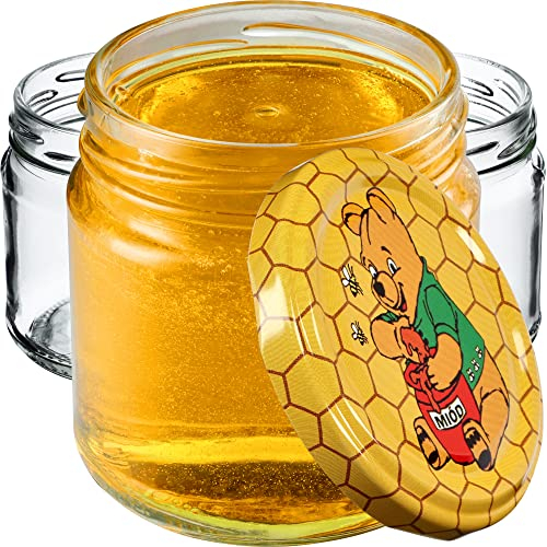 KADAX Lot de 50 petits pots à confiture 200 ml Fi66 mm pour miel et épices, bocaux hermétiques, bocaux hermétiques, bocaux, bocaux de conservation, verres ronds Winnie l'ourson K5371