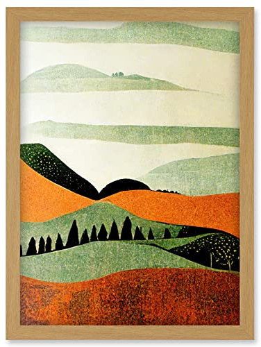 Doppelganger33 LTD Abstract Eclectic Tangerine And Olive Nature Landscape Linocut Minimalism Drawing Artwork Framed Wall Art Print A4