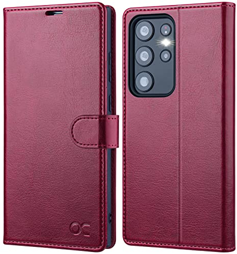 OCASE Hülle Samsung Galaxy S23 Ultra Handyhülle [Premium PU Leder] [Kartenfach] [Standfunktion] Cover RFID Schutzhülle Etui Kompatibel für Galaxy S23 Ultra Klapphülle Burgundy 6,8 Zoll
