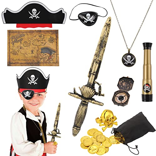 Hifot 29 Stück Kapitän Kostüm Accessoires Set - Piraten Hut, Kompass, Geldbeutel, Augenklappe, Kappe - Zubehör für Kinder und Erwachsene - Halloween Party Rollenspiel