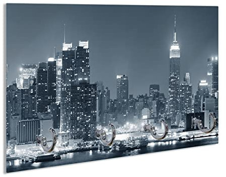 Wallario Schlüsselbrett aus Glas 30 x 20 cm, Wand Schlüsselhalter mit 4 Haken, Motiv: New York Skyline - Schwarz Weiß Blau