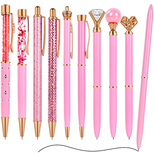 AUAUY 10PCS Stylo Bille, Stylos à Bille Diamant Stylo en Cristal en Métal, Encre Noire Stylos Personnalisés à Bille Rechargeables pour Maison École Bureau Cadeau Mariage Invité Cadeaux de Fête(Rose)