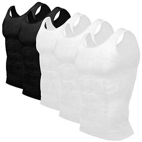 Odoland Mens Slimming Vest 5 Pack Body Shaper Men Compression Shirt Shapewear Base Layers Compression Vest Men Tank Tops, 2 Black+3 White, XXL