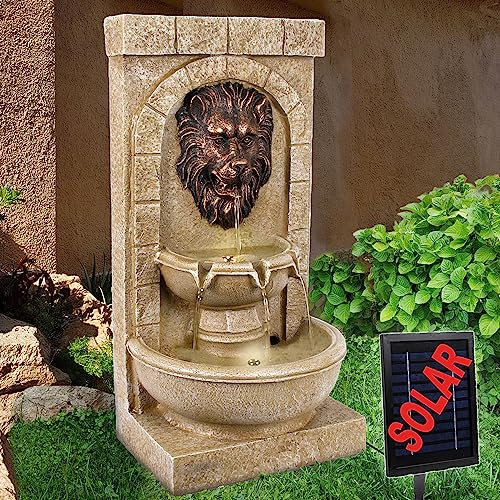 Fuente Solar de jardín, Fuente Decorativa, Fuente Interior, Fuente con luz LED, Fuente de Agua en Cascada para jardín, terraza, balcón (Fuente Solar con luz LED LÖWENHERZ)