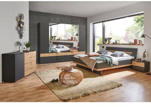 Lomadox Schlafzimmer Komplett Set mit Bett 180x200, 6-türiger Kleiderschrank, 2 Nachttische, Kommode in Graphit mit Artisan Eiche Nb.