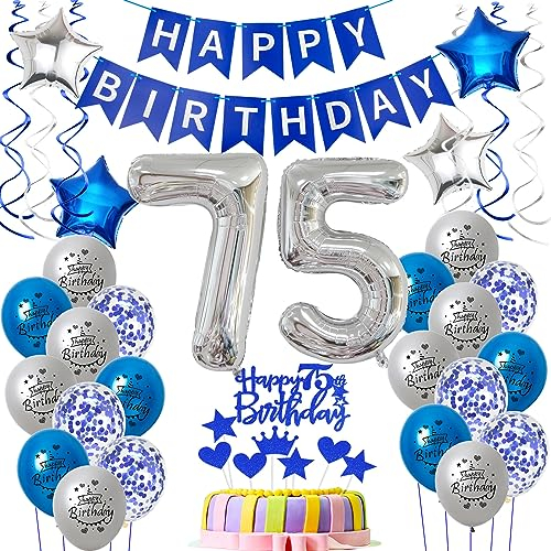 Luftballons 75 Geburtstag Mann deko blau, Geburtstagsdeko 75 Jahre Männer Dekoration, Ballon 75. Geburtstag Mann blau, Deko 75. Geburtstag Luftballons,Tortendeko 75. Geburtstag Mann kuchen deko