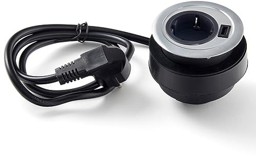 SOTECH Prise encastrable (1 x port USB / 1 x prise Schuko) double prise ronde Ø 85 mm aspect inox brossé avec câble de raccordement avec fiche pour plans de travail