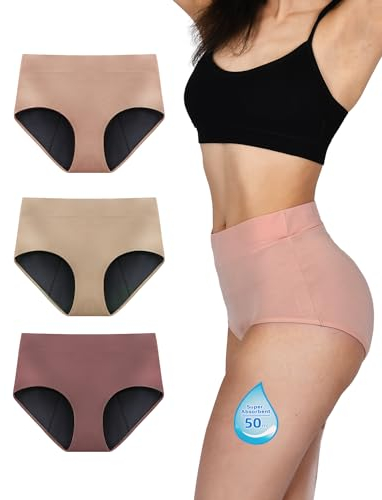 TIICHOO Bragas Menstruales Absorbentes Ropa Interior Mujer Periódico Braguitas de Protección Reglas Prueba de Fugas Lot de 3 (XXL, Marrón/Oro Rosa/Beige)