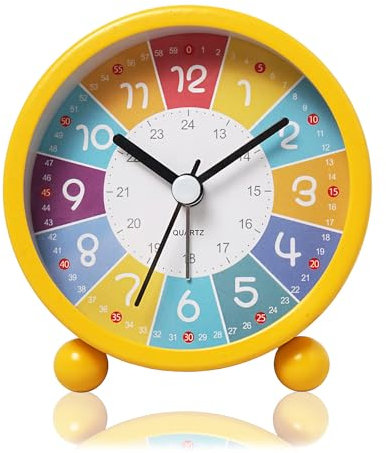 Aisny Kinderwecker, Kleiner Wecker Aus Metall Für Die Frühe Kindheitserziehung, Nachtlicht, Desktop-Uhr Im Cartoon-Stil Ohne Ticken,Batteriebetriebene Leuchtende Quarzuhr für Jungen und Mädchen-Gelb