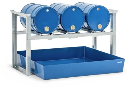 DENIOS Fassregal/Abfüllstation für 3 Fässer à 60 Liter, lackierte Auffangwanne, 1429 x 1210 x 837 mm