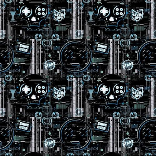 Gaming Glitch Charcoal Blue Wallpaper - Level Up, Game Over, Loading - Children's Room Trendy Feature Wall