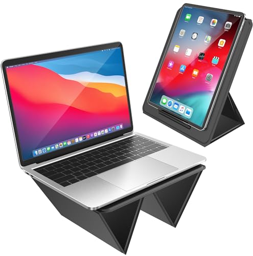 AboveTEK Tragbarer Laptopunterlage, 2-in-1 PU-Leder Faltbarer MacBook Ständer für Schreibtisch, Passt für 14~17 MacBook Air Pro Tablets, Verstellbarer Notebook Unterlage für Bett Sofa Couch Reise