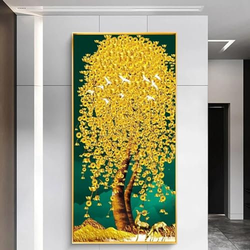 HYFBH Abstrakte goldene reiche Baum-Geldbaum-Gemälde, Druck auf Leinwand, großes Poster, moderne Landschaft, Wandkunst, Bild, Heimdekoration, 43x86cm/17x34in mit Goldrahmen