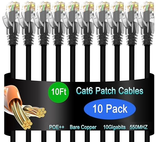 Lysymixs Cat6 Ethernet Patch Cable 10 ft (10 Pack), Cat6 Patch Cable 26AWG Pure Copper for Data Centers, Cat 6 Patch Cable 10G, Network Patch Cables for Home and Enterprise Network -Black